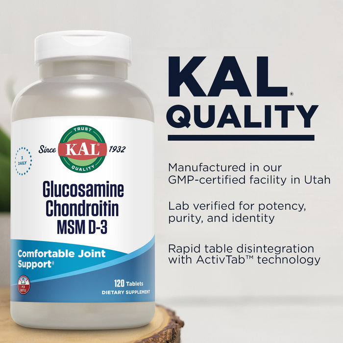 KAL Glucosamine Chondroitin MSM D-3, Joint Support Supplement, 1,500 mg of Glucosamine Sulfate, 1,200 mg of Chondroitin Sulfate, 1,000 mg of MSM, Plus Vitamin D3 & Vitamin C, 40 Servings, 120 Tablets