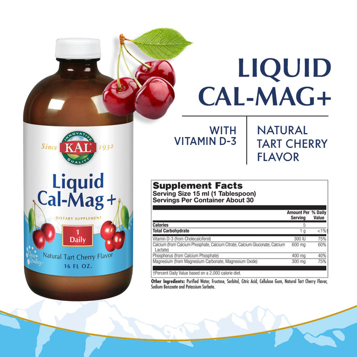 KAL Liquid Cal-Mag+ Vitamin D-3 | Natural Tart Cherry Flavor | Healthy Bones, Muscle & Heart Support | 30 Serv | 16 oz