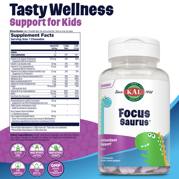 KAL Focus Saurus Chewables - GABA and Antioxidant Focus Supplement for Kids - Vitamin C, Green Tea, B Vitamins, Amino Acids, Fun Dinosaur Shapes, Gluten Free, 60-Day Guarantee, 30 Serv, 30 Grape Chews