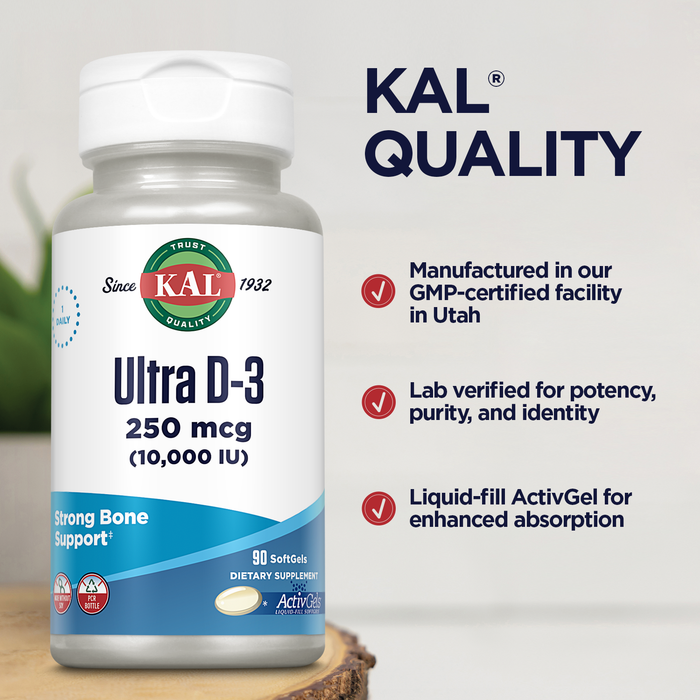 KAL Ultra Vitamin D3 10000 IU Softgels (250 mcg), High Potency Vitamin D, Calcium Absorption, Bone Health and Immune Support Supplement, Liquid Filled ActivGels, Made Without Soy, 90 Serv, 90 Softgels