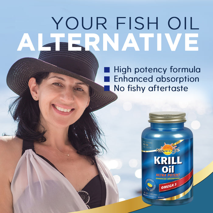 Nature's Life Krill Oil 1000mg, Ultra Potent Mini Softgels | Immune, Heart, Joint Support with Omega-3s | 90ct, 45 Serv.
