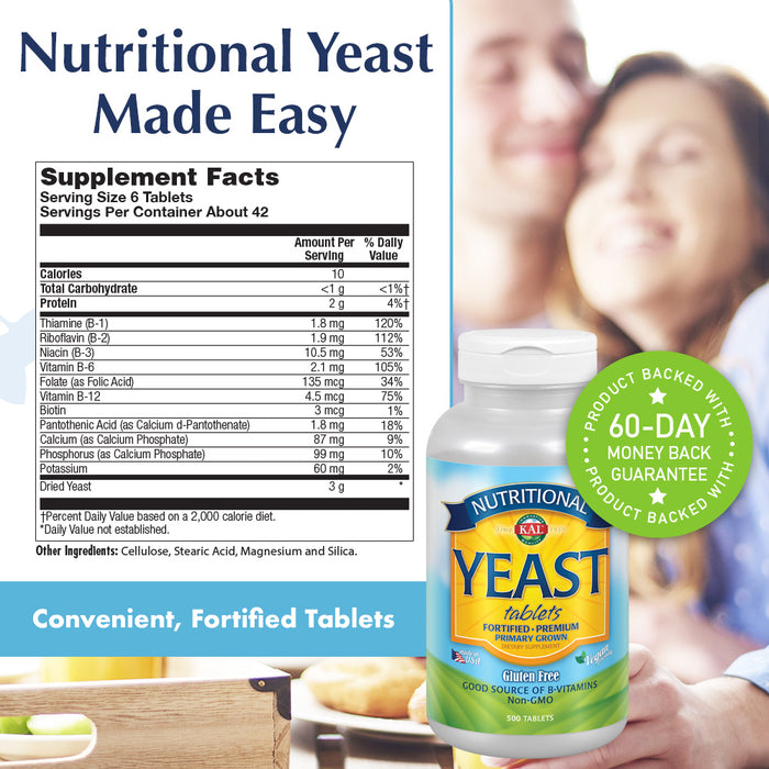 KAL Nutritional Yeast Supplement, Fortified w/ B12, Biotin, Folic Acid, Other B Vitamins, Naturally Occurring Amino Acids, Healthy Hair, Skin & Energy Support, Vegan, Gluten Free, 83 Serv, 500 Tablets (500 CT)