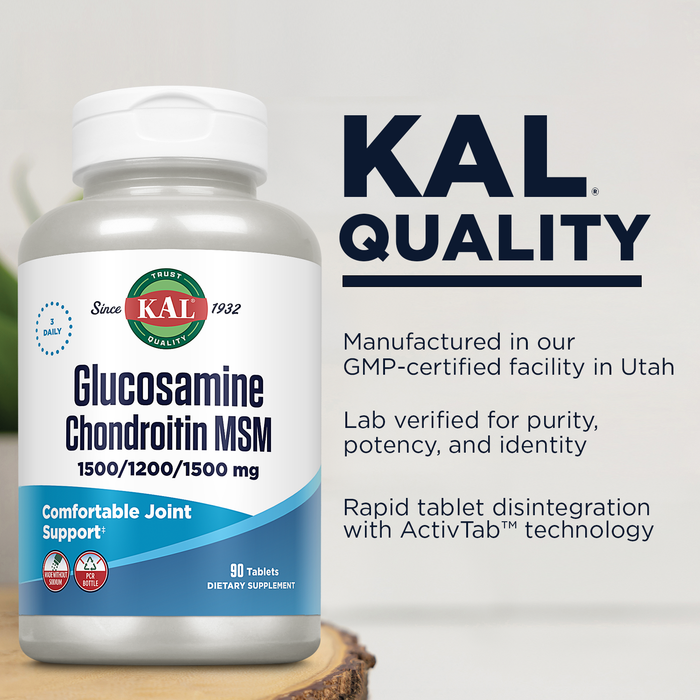 KAL Glucosamine Chondroitin MSM, Joint Support Supplement for Women and Men, 1500mg Glucosamine Sulfate, 1200mg Chondroitin, 1500mg MSM, Rapid Disintegration, 60-Day Guarantee, 30 Servings, 90 Tablets