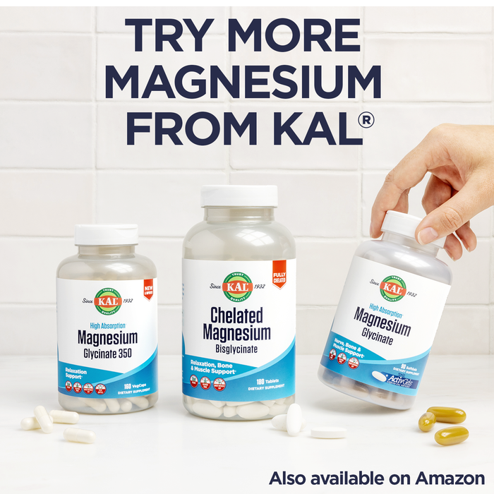 KAL Magnesium Amino Acid Chelate 220mg, Chelated Magnesium Supplement w/ B Vitamins, Relaxation, Bone Strength, Heart Health, Nerve and Muscle Function Support, Vegan, Gluten Free, 50 Serv, 100 Tabs